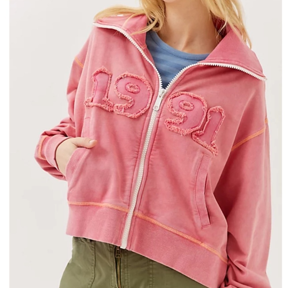 BDG Pink Lulu Bomber Zip Up Sweatshirt with 1991 Embroidery Small